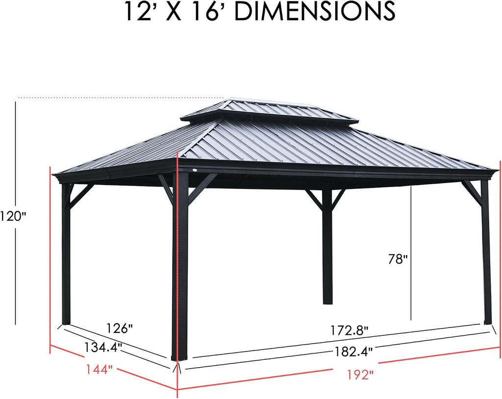 Kozyard Alexander 12' X 16' Hardtop Aluminum Permanent Gazebo with a Mosquito Net and Privacy Sidewalls, Permanent Gazebo Pavilion for Patio, Backyard (Brown)