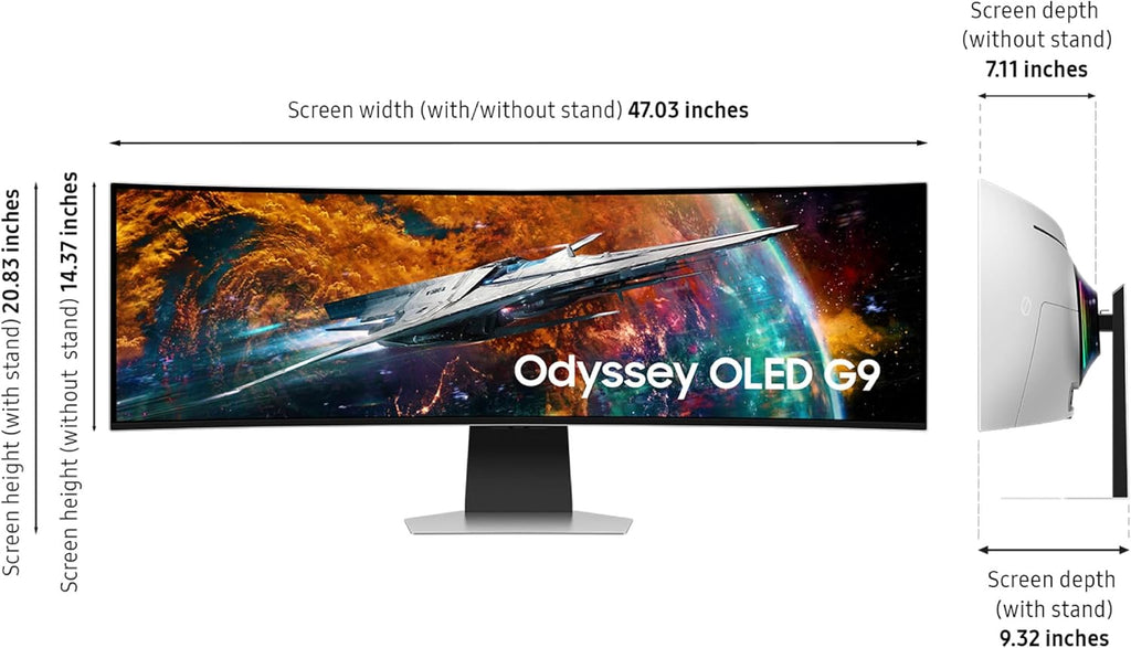 Samsung 49' Odyssey OLED G9 (G95SC) Curved Smart Gaming Monitor, QD-OLED, 240Hz, 0.03ms, FreeSync Premium Pro, G-Sync Compatible, Dual QHD, Neo Quantum Processor, LS49CG954SNXZA
