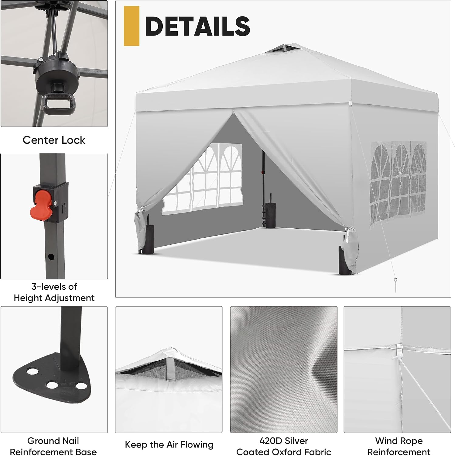 10x10 Pop Up Canopy Tent with One Push Setup, Portable Sun Shade Tent, Instant Easy Up Canopy with 4-Sidewalls & Wheeled Bag, Outdoor Fldable Gazebo with Vent Top, White.
