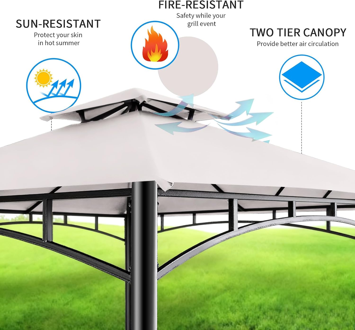 FAB BASED 5x8 Grill Gazebo, All-Weather Steel Construction, Double Tiered & Resistance Canopy Roof, Metal Serving Shelves, 2 LED and Bottle Opener for Patio, Backyard, BBQ (Light Gray)