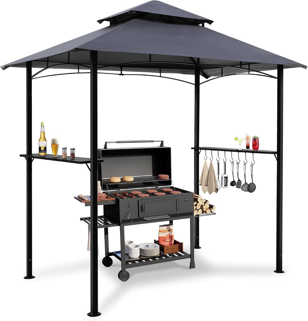 8'x 5' Grill Gazebo Canopy, Outdoor BBQ Gazebo with Led Light, Barbeque Gazebo Shelter for Patio (Grey)