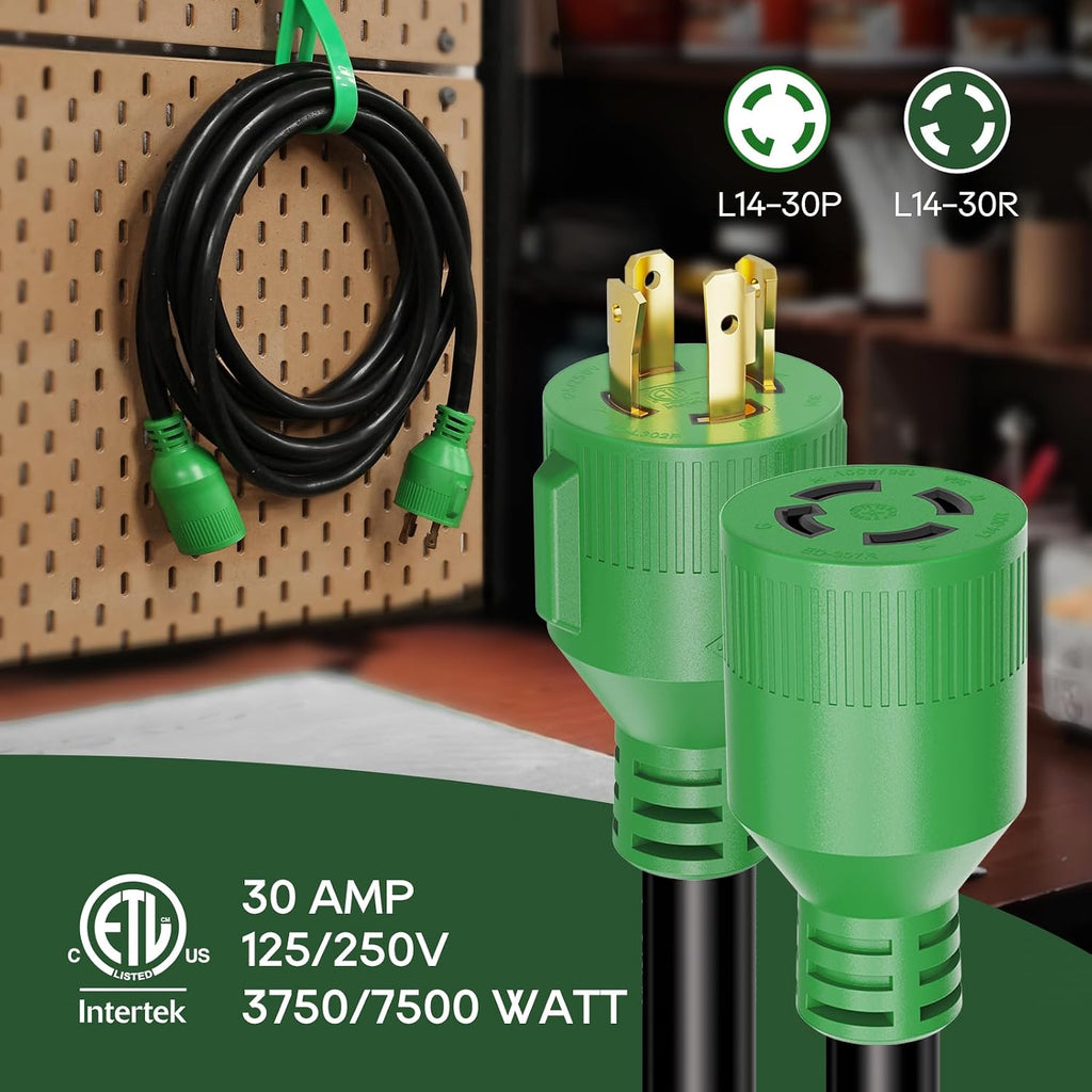 RVGUARD 4 Prong 30 Amp 75 Foot Generator Extension Cord, NEMA L14-30P/L14-30R, 125/250V Up to 7500W 10 Gauge SJTW Generator Cord with Cord Organizer, ETL Listed