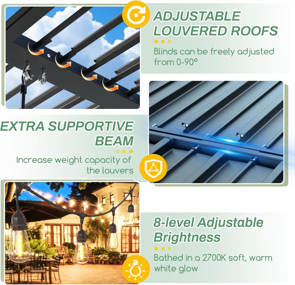 LVUYOYO Outdoor Louvered Pergola 10' x 20' with LED String Lights, Aluminum Pergola with Adjustable Roof, Waterproof Metal Gazebo for Patio, Backyard, Garden, Deck (10x20FT with Lights)