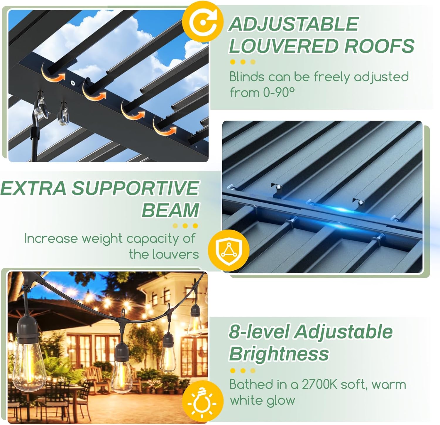 LVUYOYO Outdoor Louvered Pergola 10' x 20' with LED String Lights, Aluminum Pergola with Adjustable Roof, Waterproof Metal Gazebo for Patio, Backyard, Garden, Deck (10x20FT with Lights)