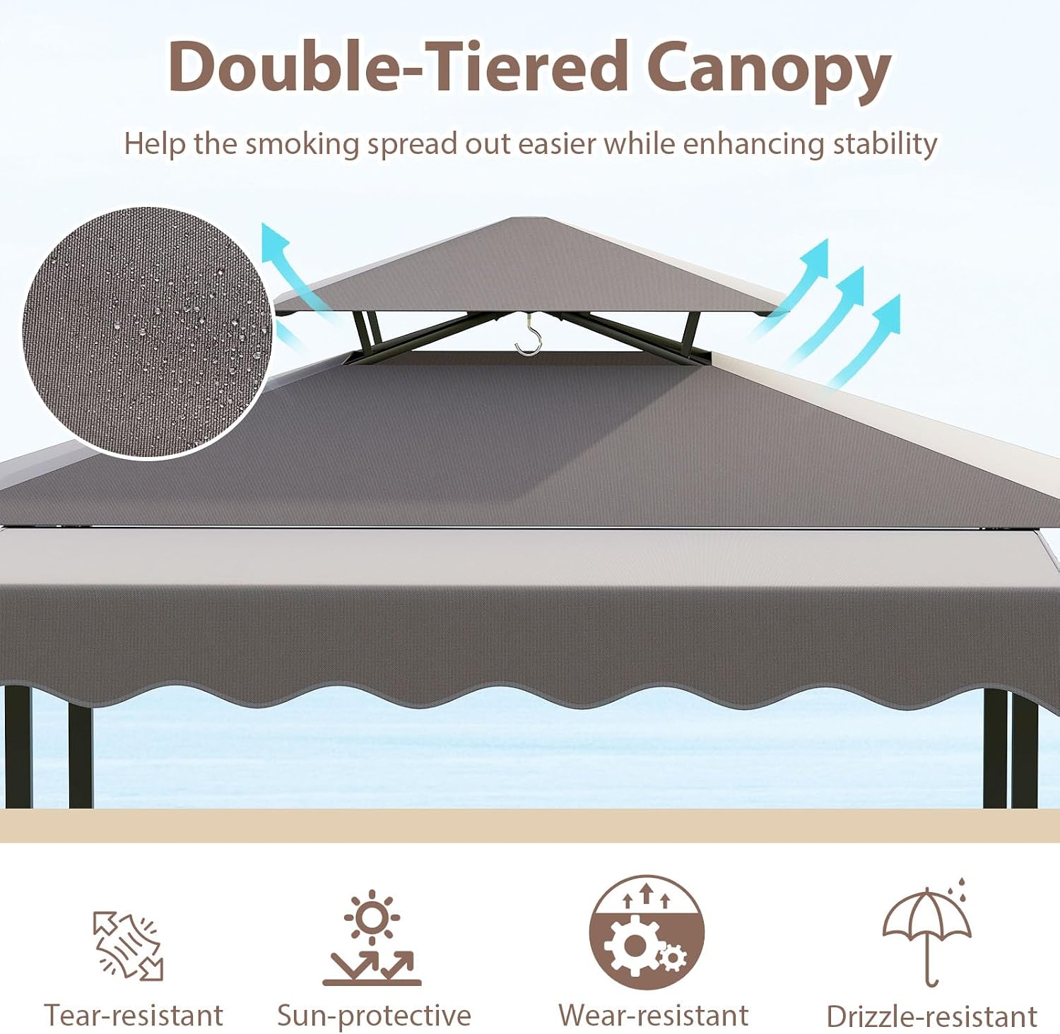 Tangkula 3 Piece Patio Bar Set, Grill Gazebo & 2 Foldable Bar Stools with Awning, Metal Storage Shelves, Glass Holders, Double-Tier Outdoor Shelter for Patio Poolside Garden Backyard (Gray)