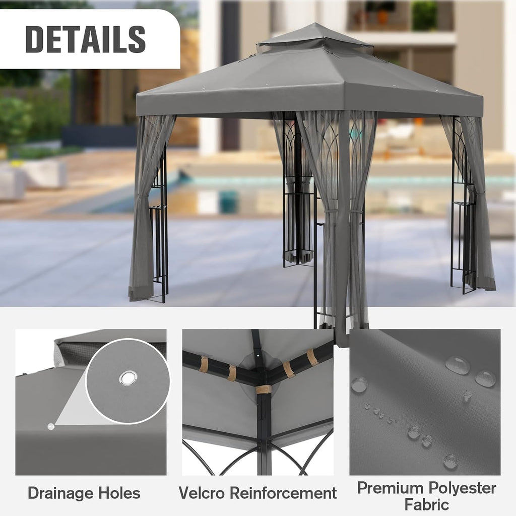COOS BAY 8x8 Patio Gazebo with Corner Shelves, Two Tier Soft Top Canopy with Mesh Netting for Backyard, Garden, Lawn, Outdoor Events, Gray