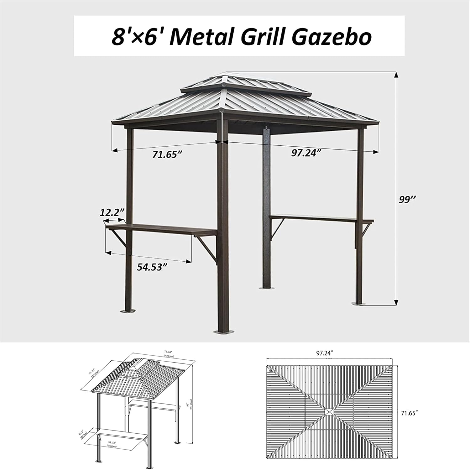 8' x 6' Hardtop Grill Gazebo, Aluminum BBQ Shelter with Double Steel Roof & 2 Shelves, Outdoor Metal Gazebo for Patio, Lawn, Deck, Backyard, Brown