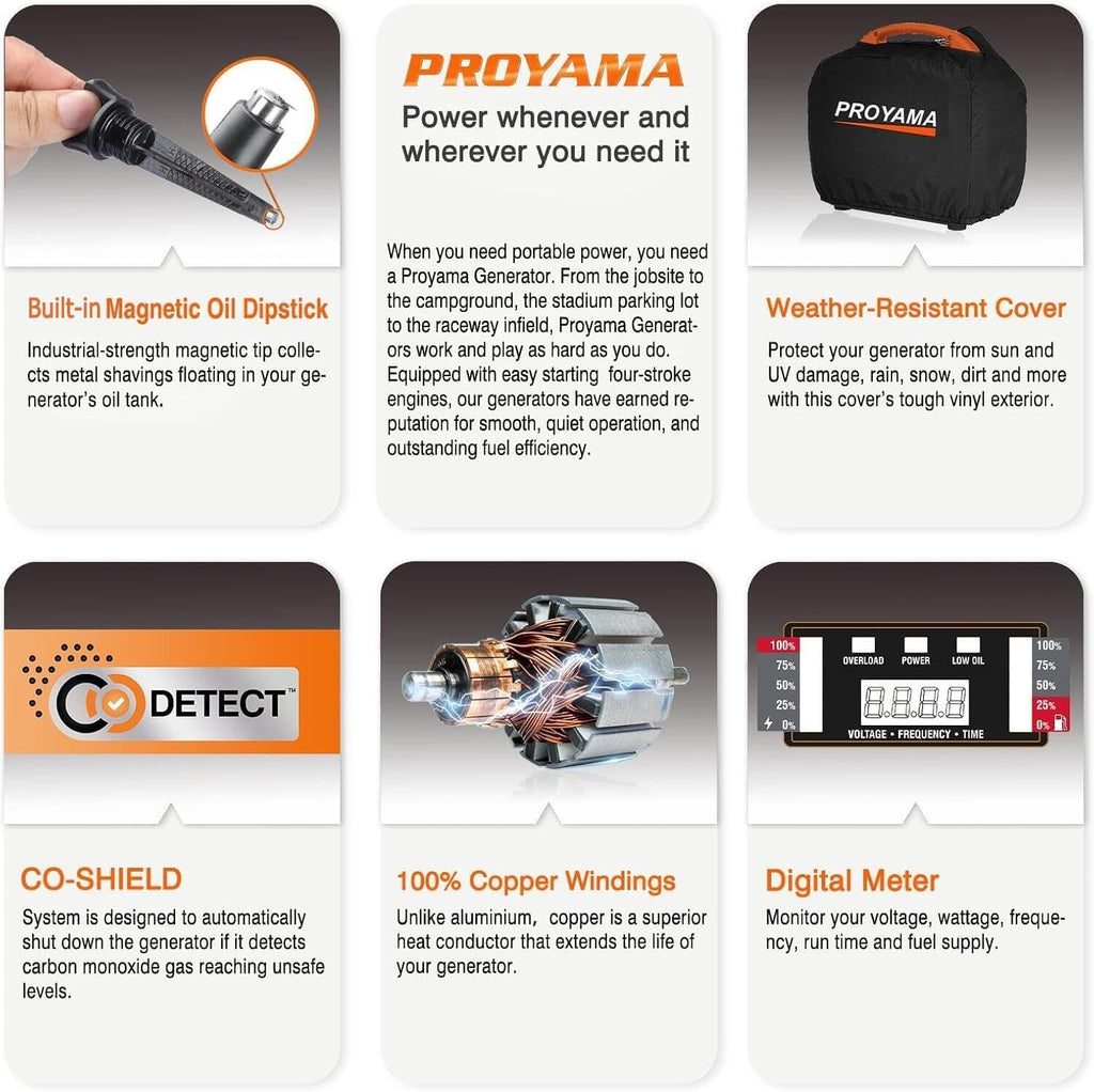PROYAMA 4000W Portable Gas Inverter Generator, CO Sensor, Digital Interface, RV - Ready, LED Light, ECO - Mode, Parallel Capable, Low Oil Shutoff, Super Quiet and Lightweight with Weatherproof Cover