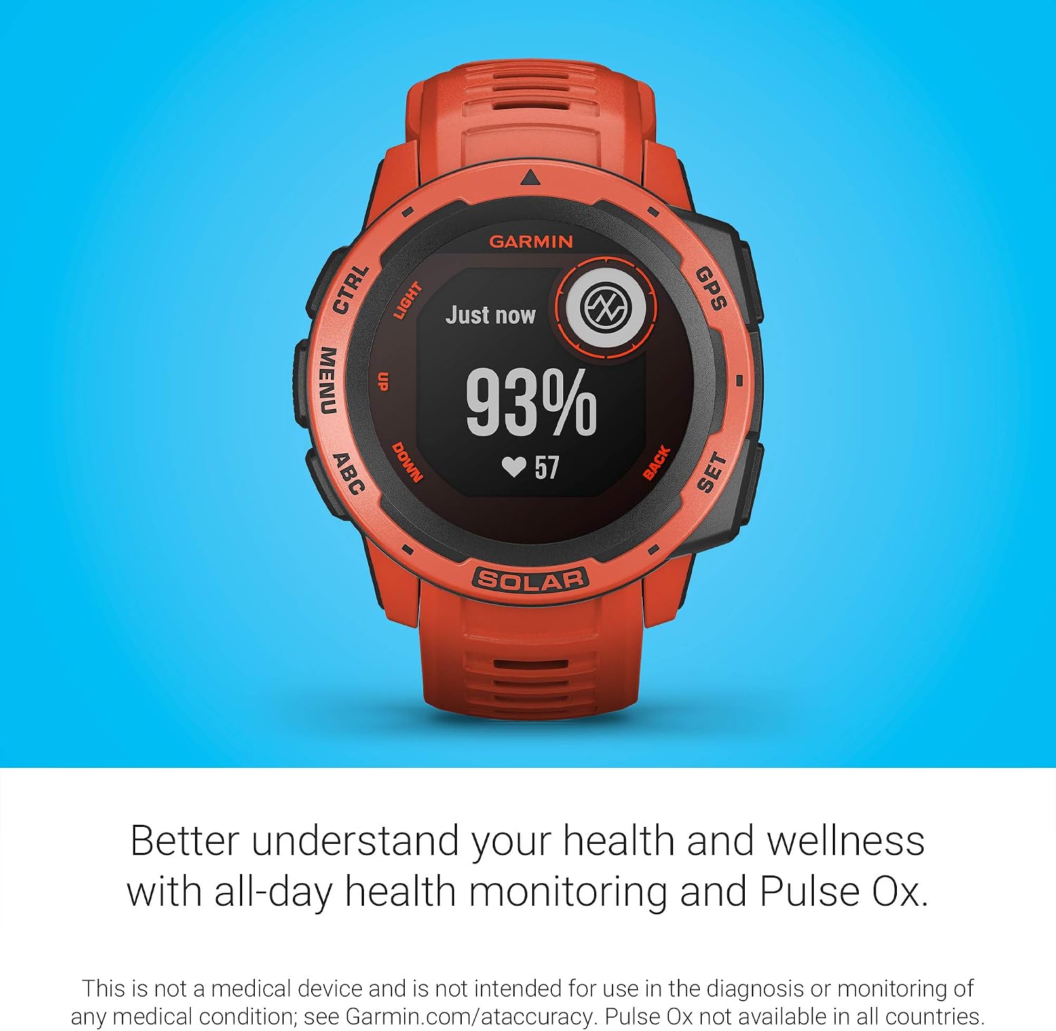 Garmin Instinct Solar, Solar-Powered Rugged Outdoor Smartwatch, Built-in Sports Apps and Health Monitoring, Flame Red