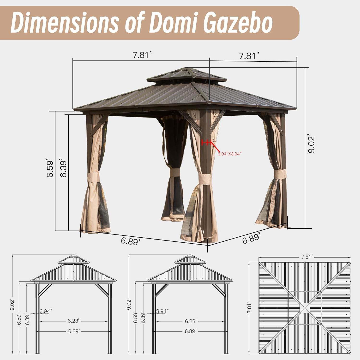 Domi 8' x 8' Hardtop Gazebo Permanent Metal Gazebo with Galvanized Steel Double Roof, Curtains and Netting for Party, Wedding, Outdoor Dining, Patio, Backyard, Brown