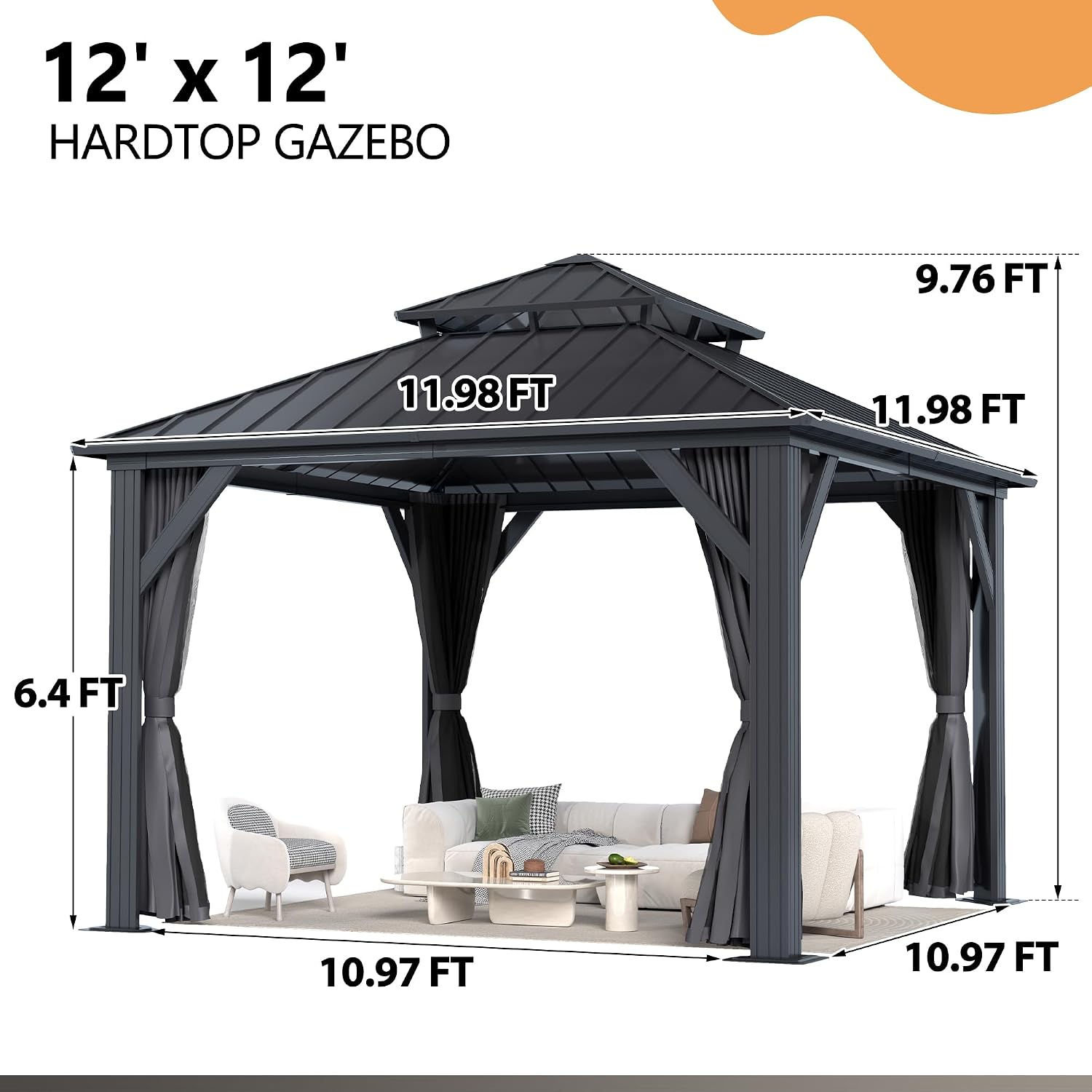 12'x12' Hardtop Gazebo, Outdoor Double Roof Galvanized Steel Gazebo, Aluminum Frame Permanent Pavilion with Curtains & Netting for Backyard, Patio, Deck (12x12)