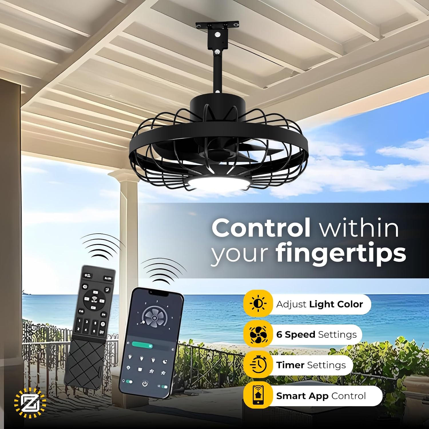 ZeboZap 16' Outdoor Ceiling Fan with Lights, IP65 WaterProof with for Patios, Canopy, Gazebo, and Pergola. Plug in Caged Fan with Remote Control, Quick Strap-On Installation | 3 Lights 6-Speeds fan