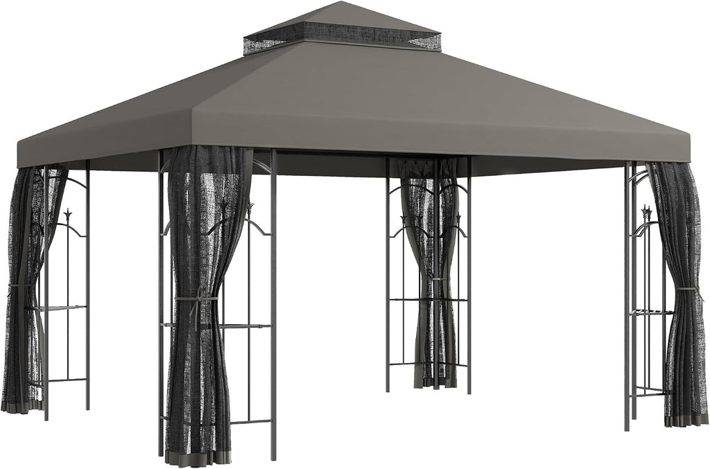 Outsunny 10' x 12' Patio Gazebo with Corner Frame Shelves, Double Roof Outdoor Gazebo Canopy Shelter with Netting for Patio, Wedding, Catering & Events, Gray