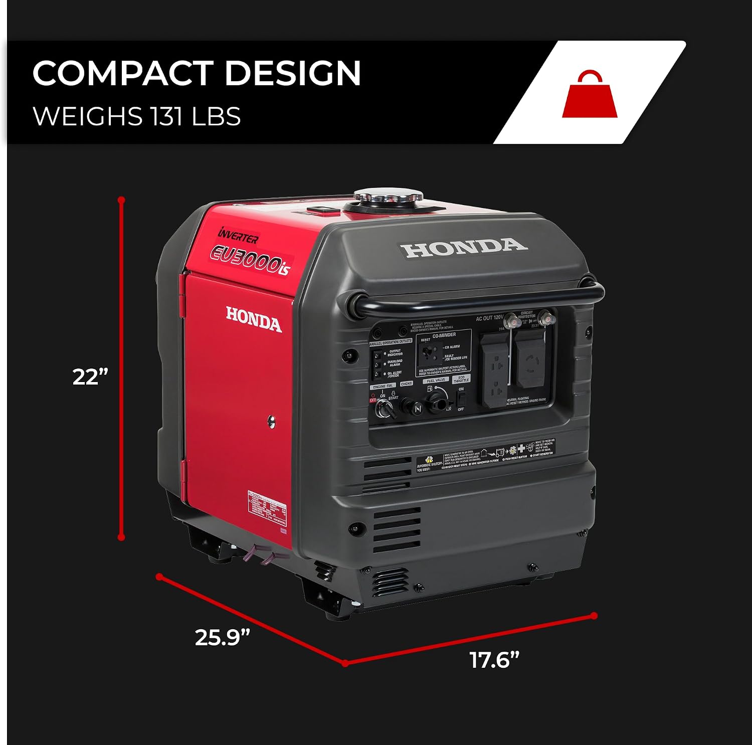 Honda EU3000iS 3000 Watt Inverter Generator, Super Quiet 120V Gas Powered Portable Generator for Camping, RV or Home Backup Power Supply, Up to 19.6 Hour Run Time (EU3000IS1AN)