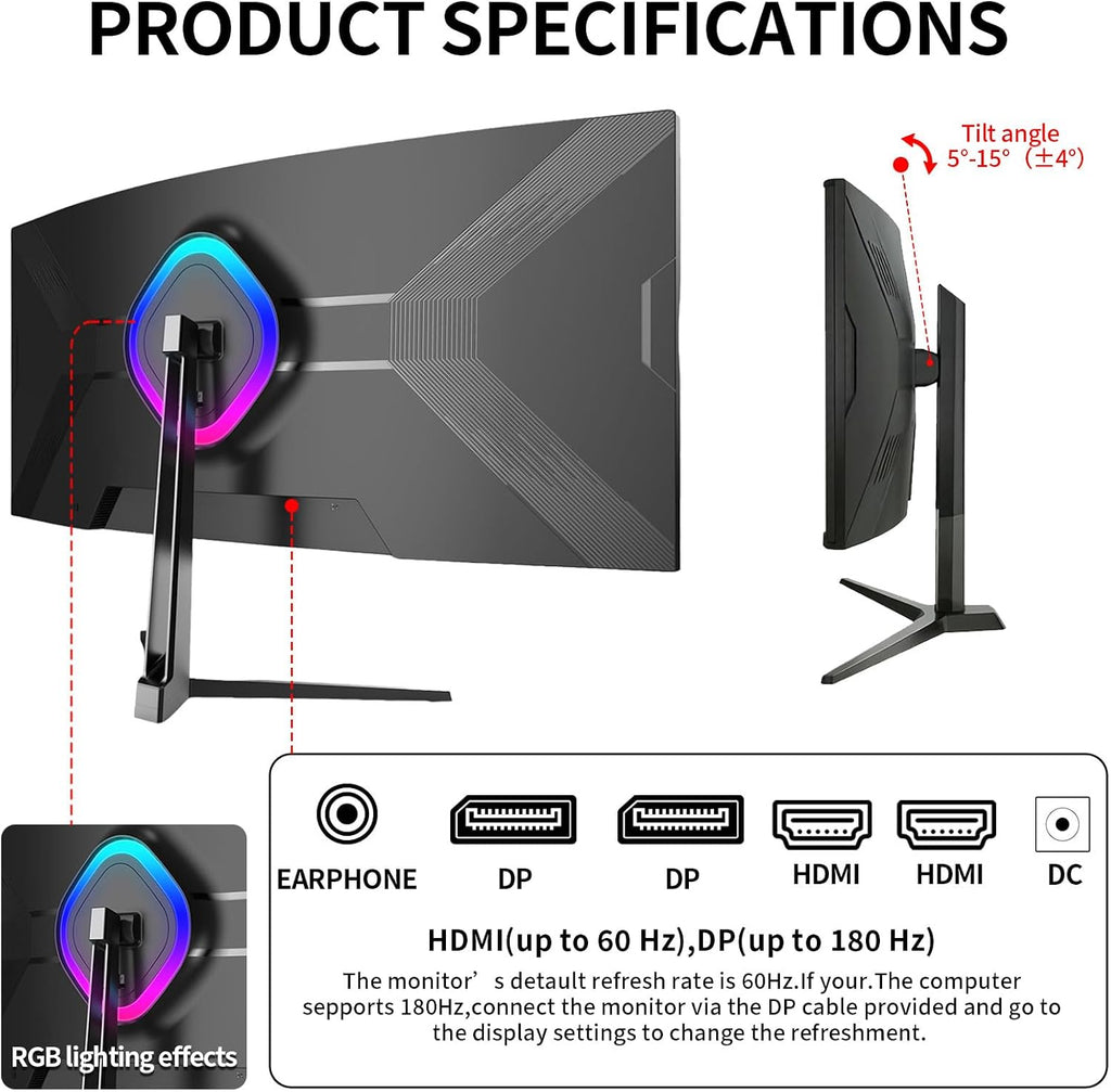 ZZA UltraWide 34 inch Curved Monitor 1500R PC Screen 180HZ/165hz Refresh Rate WQHD 3440x1440 Computer Gaming Monitor VA PanelAMD FreeSync Premium | HDR10 | 99% sRGB | VESA