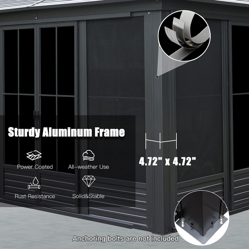Domi 12x15FT Sunroom Gazebo with 4 Sliding Doors on All Sides, Aluminum Patio Solarium Sunroom Kit All Season, Freestanding Enclosed Gazebo with Galvanized Steel Roof and Movable PVC Windows