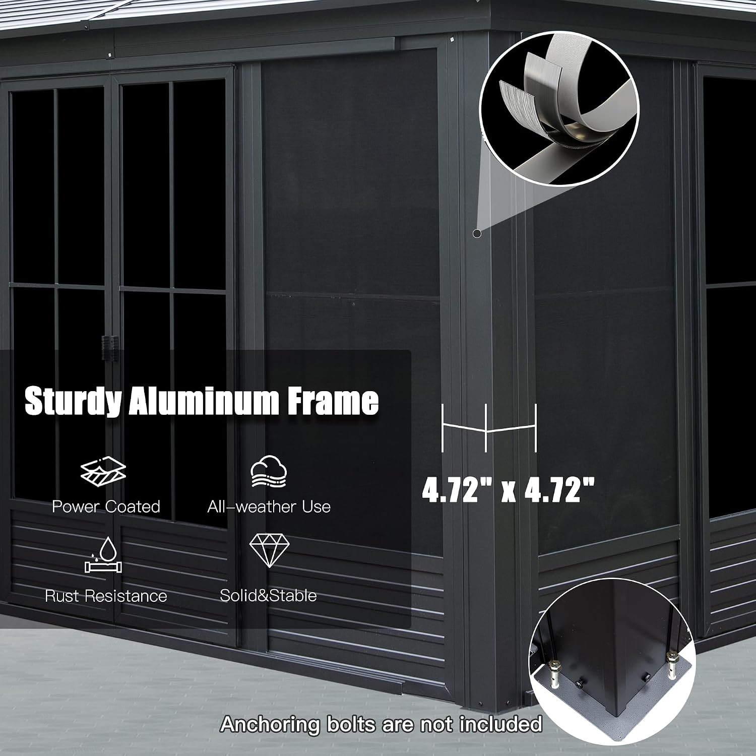 Domi 12x15FT Sunroom Gazebo with 4 Sliding Doors on All Sides, Aluminum Patio Solarium Sunroom Kit All Season, Freestanding Enclosed Gazebo with Galvanized Steel Roof and Movable PVC Windows