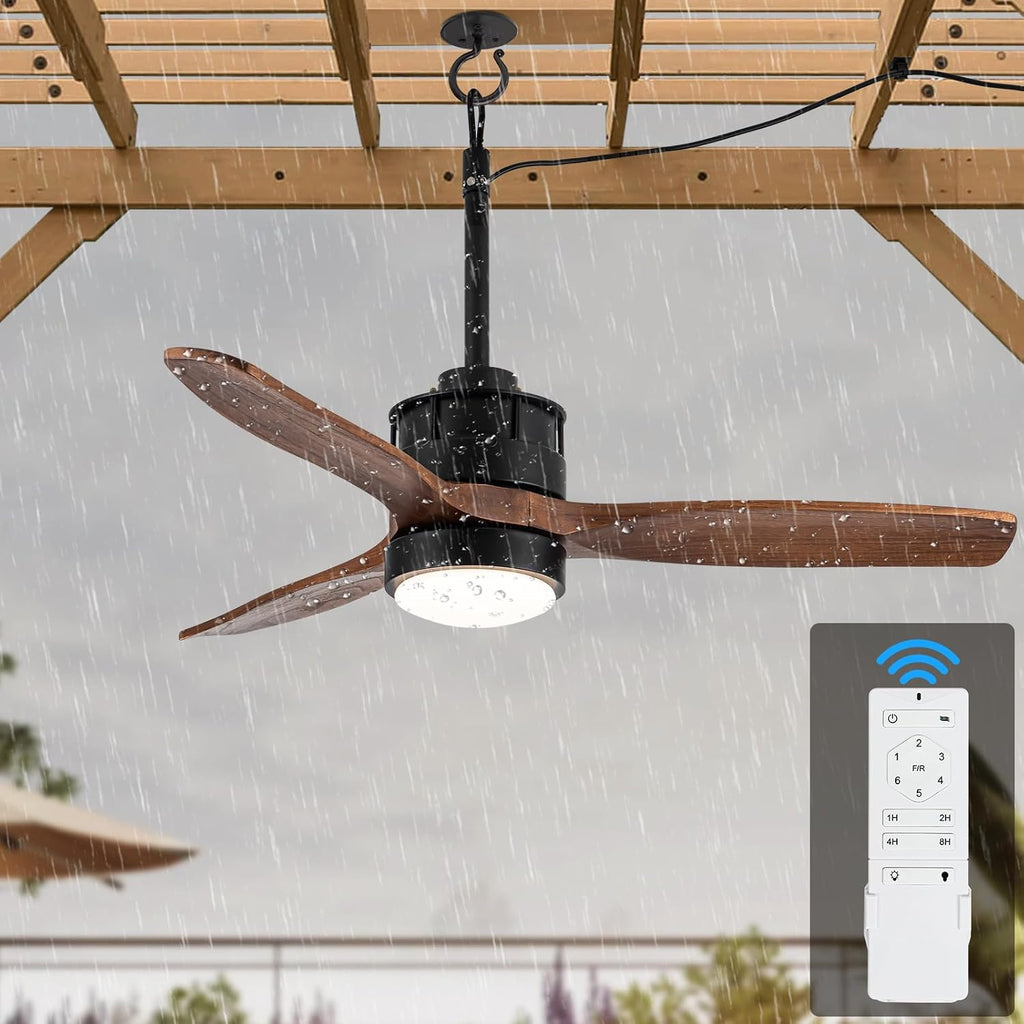 EKIZNSN 32' Wet Rated Ceiling Fans with Lights Outdoor Hanging for Gazebo Waterproof, DC Motor w 3 Reversible Walnut Wood Blades, Walnut