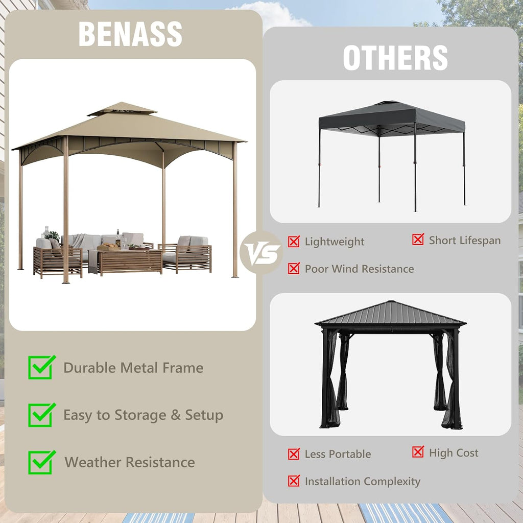 Sannwsg Outdoor Patio Gazebo 10x10 FT, Soft Top Gazebo Canopy with Double Roof, Metal Frame, for Backyard, Deck & Lawn, Wood Grain Posts