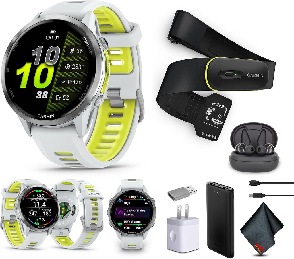Garmin Forerunner 970 Running Smartwatch, GPS Fitness Watch for Men and Women, Titanium with Whitestone Case and Whitestone/Translucent Amp Yellow Band + Access 600 Fitness Monitor, XS-S + More