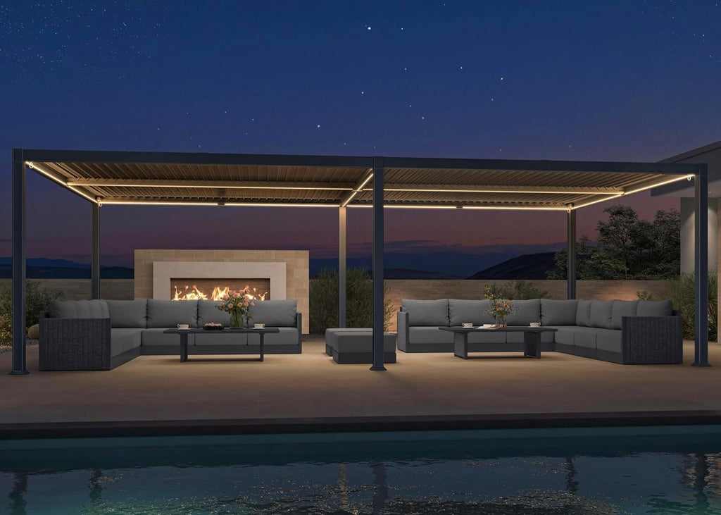 PURPLE LEAF Huge Louvered Pergola 92KS 13' x 25' with Integrated Solar LED Strip Light and Control Panel Adjustable Aluminum Roof Large Pergolas for Outdoor Patio Deck Gray