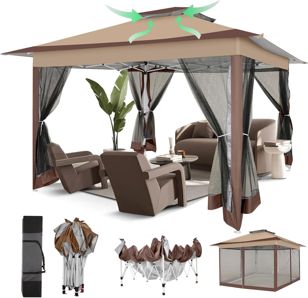 COBIZI 12x12 Pop Up Gazebo On Clearance Canopy Tent- Upgrade Metal Outdoor Canopy Waterproof - Portable Gazebo with Mosquito Nettings, 4 Ropes 8 Stakes and Carry Bag for Patio Garden(Coffee)