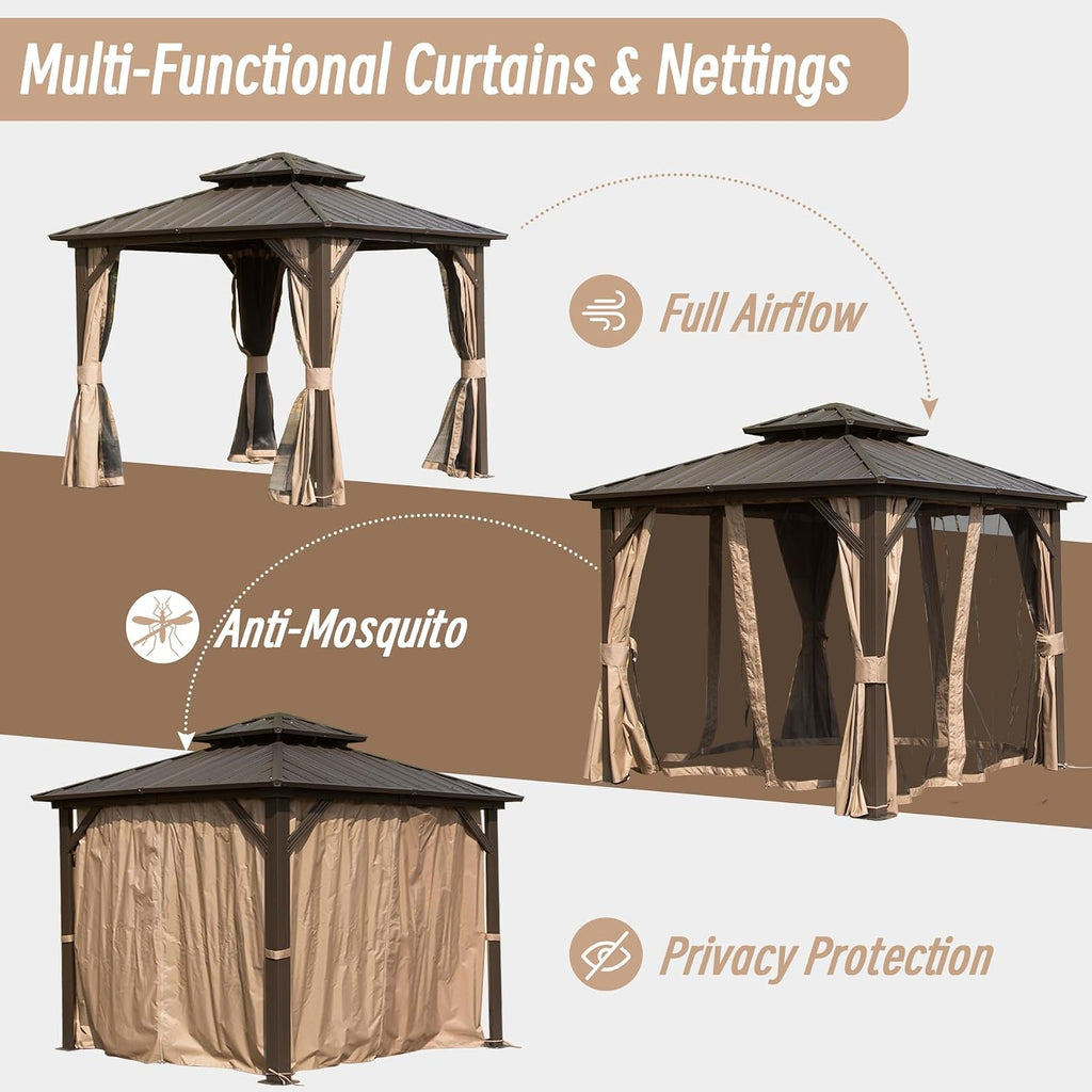 Domi 8' x 8' Hardtop Gazebo Permanent Metal Gazebo with Galvanized Steel Double Roof, Curtains and Netting for Party, Wedding, Outdoor Dining, Patio, Backyard, Brown