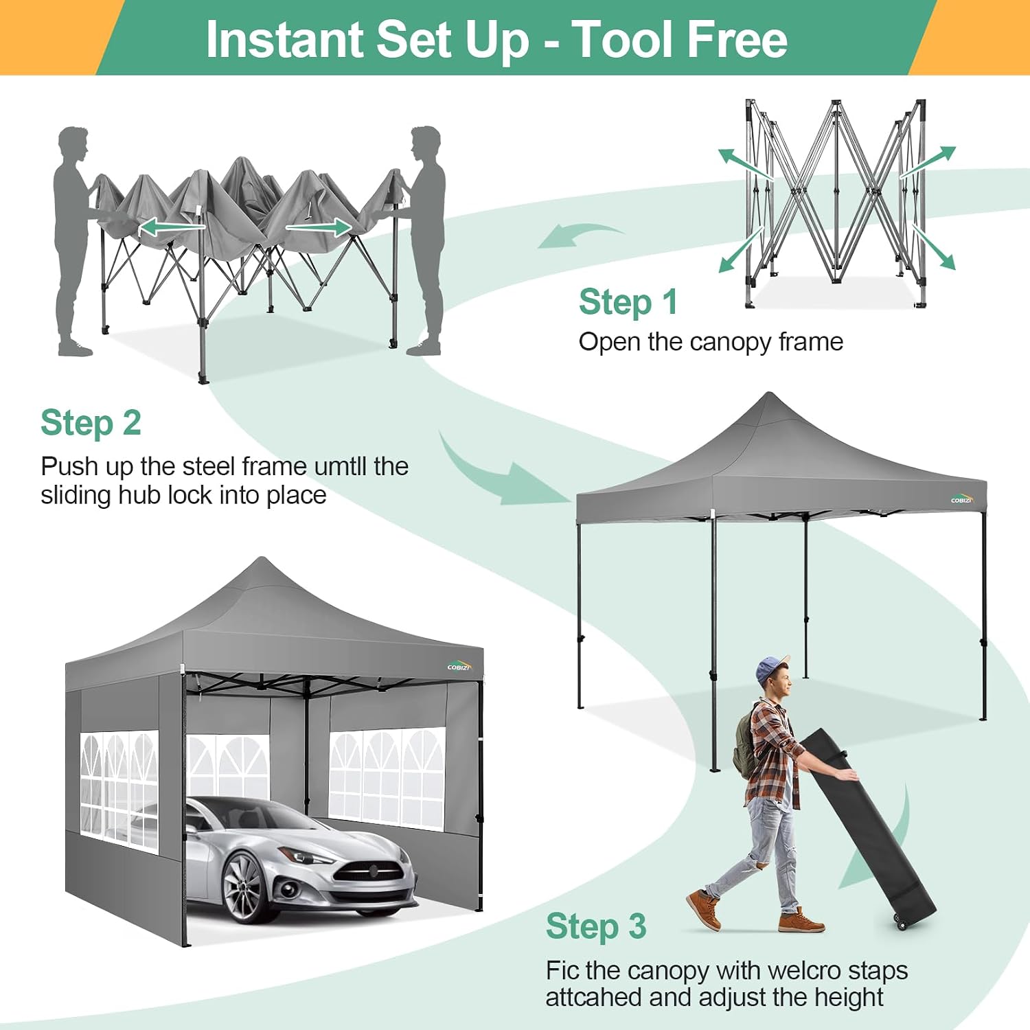 COBIZI 10x10 Pop Up Canopy with Sidewalls Heavy Duty Party Tent with Removable Awning Easy Up Outdoor Canopy Wedding, All Season Windproof&Waterproof with Roller Bag UPF 50+, Gray