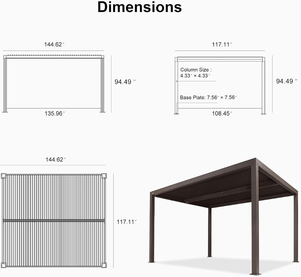 PURPLE LEAF Louvered Pergola 10' × 12' Outdoor Hardtop Gazebo Sun Shade with Adjustable Canopy Patio Aluminum Retractable Roof for Outside Deck Backyard Pavilion Bronze