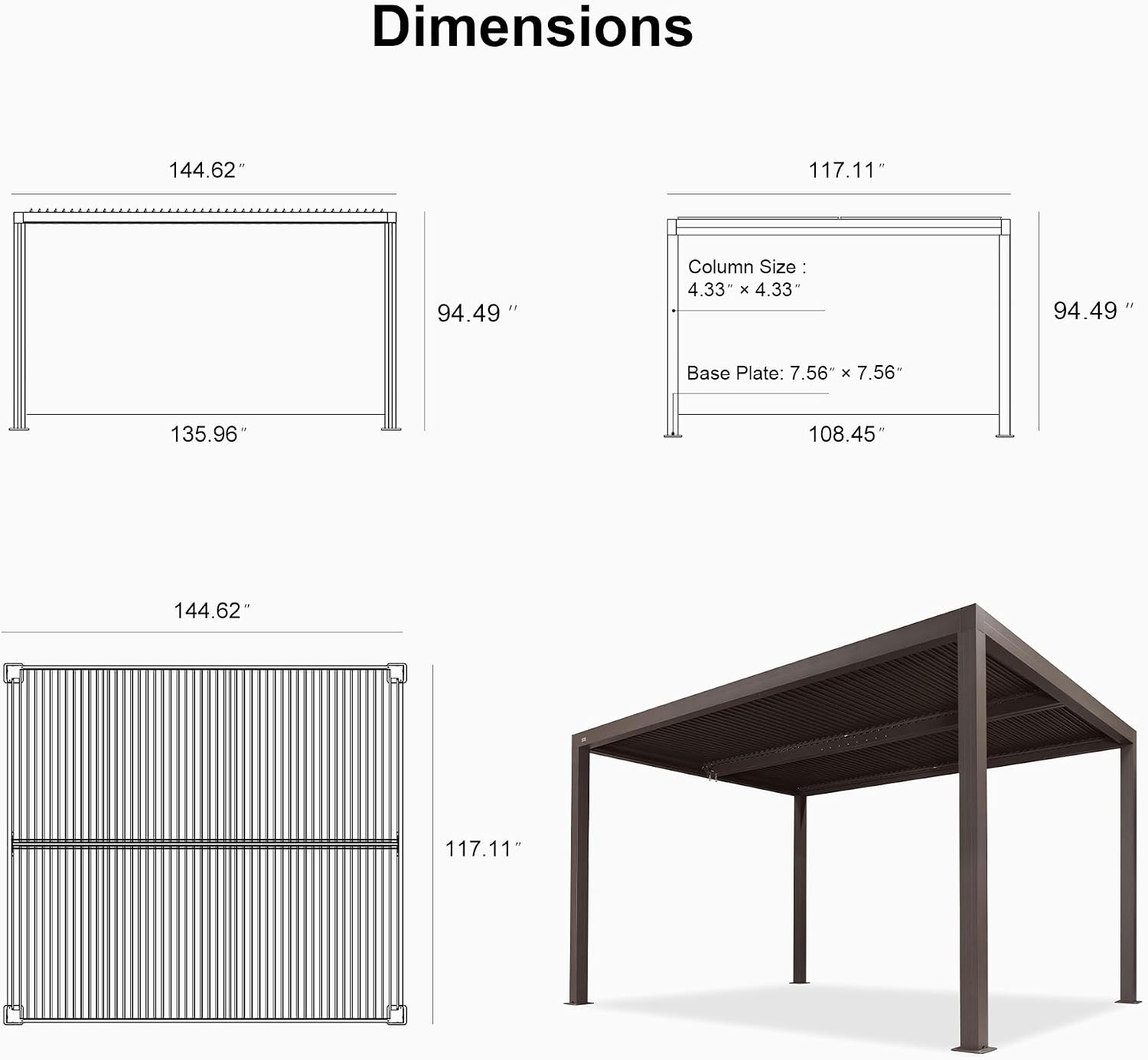 PURPLE LEAF Louvered Pergola 10' × 12' Outdoor Hardtop Gazebo Sun Shade with Adjustable Canopy Patio Aluminum Retractable Roof for Outside Deck Backyard Pavilion Bronze