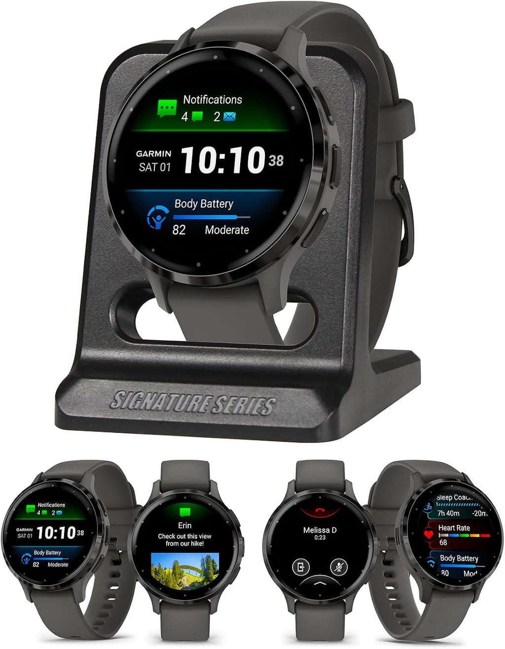 Garmin Venu 3S Running GPS Smartwatch with AMOLED Display, Advanced Health, Fitness Features, Up to 14 Day Battery Life with Signature Series Modern Power Stand | Slate with Pebble Gray Silicone Band