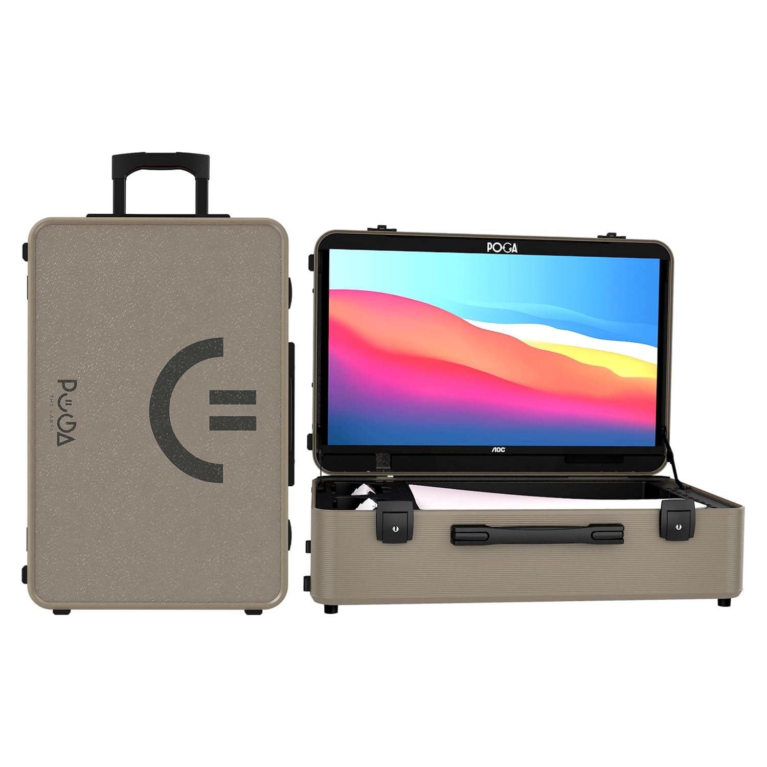 POGA LUX Compatible with PlayStation 5 Premium Portable Console Travel Case incl. Trolley and 24'' AOC Gaming Monitor - (V3 - Bluetooth Speaker Optional) Desert Taupe
