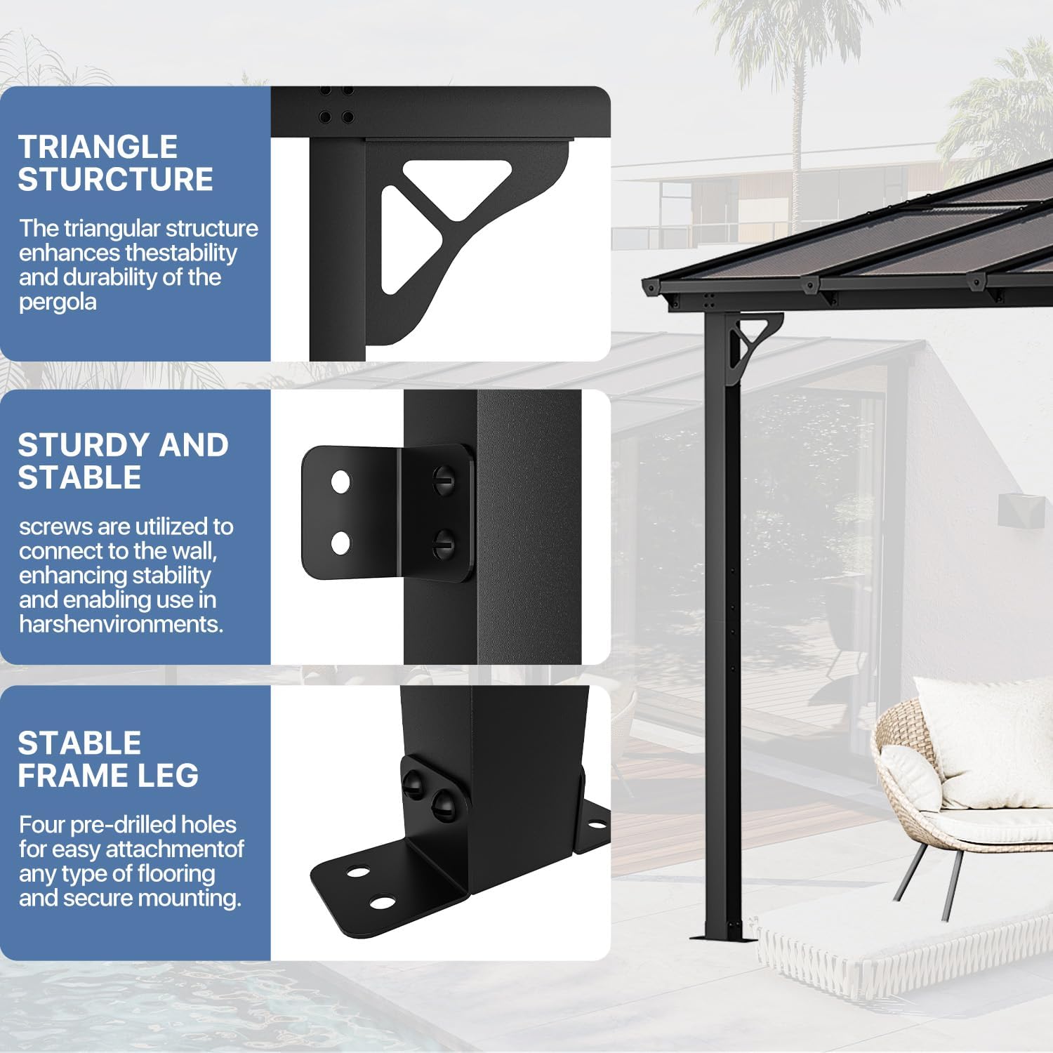 Gazebo for Patio 10' x 8', Gazebo Pergola with Sloped Roof, Large Wall-Mounted Heavy Duty Awnings, for Backyard, Deck, Patio