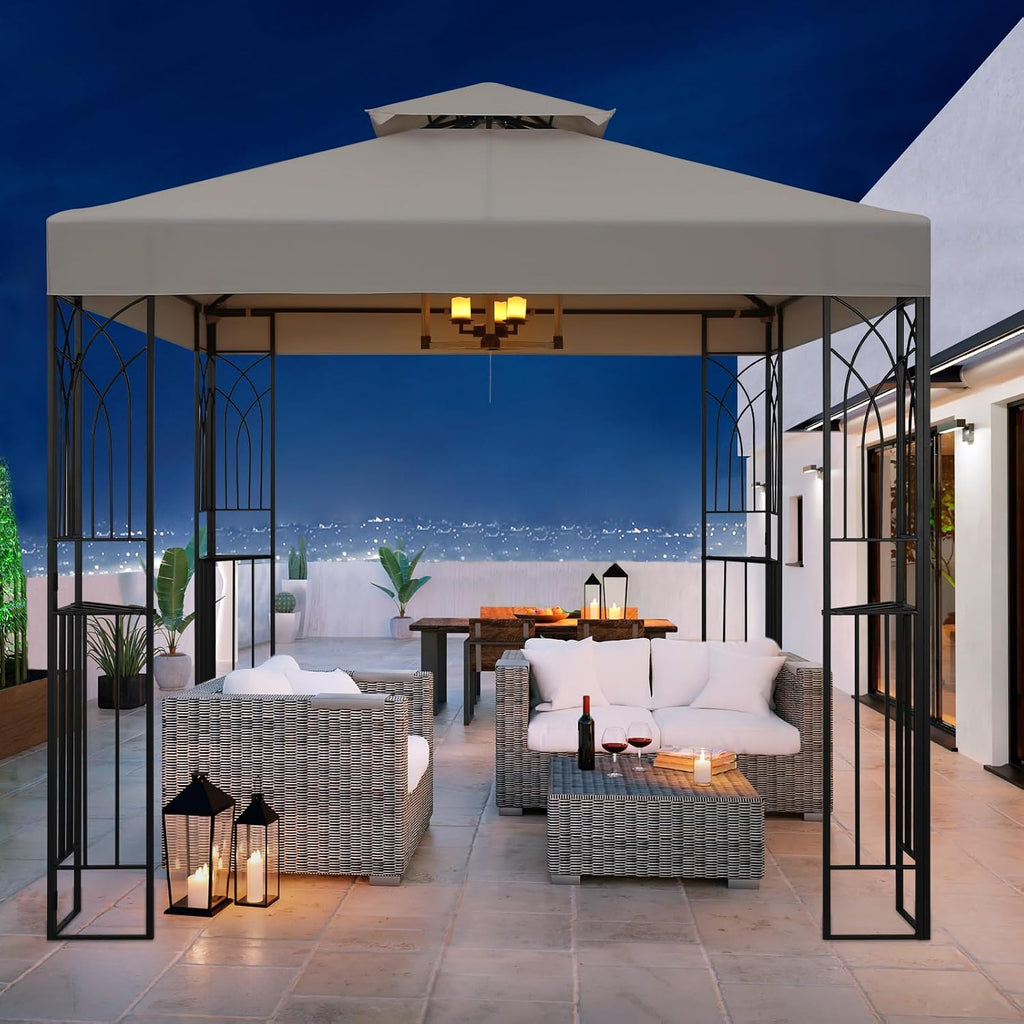 COOS BAY 8x8 Patio Gazebo with Corner Shelves, Two Tier Soft Top Canopy with UV Protection for Backyard, Garden, Lawn, Outdoor Events, Beige