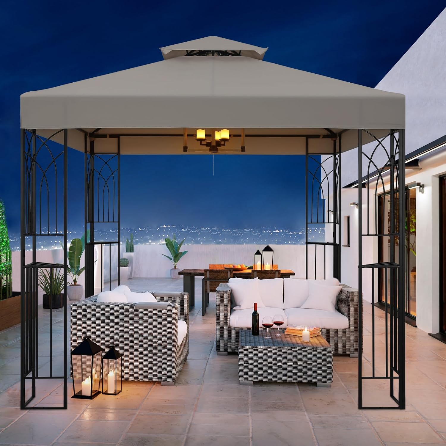 COOS BAY 8x8 Patio Gazebo with Corner Shelves, Two Tier Soft Top Canopy with UV Protection for Backyard, Garden, Lawn, Outdoor Events, Beige