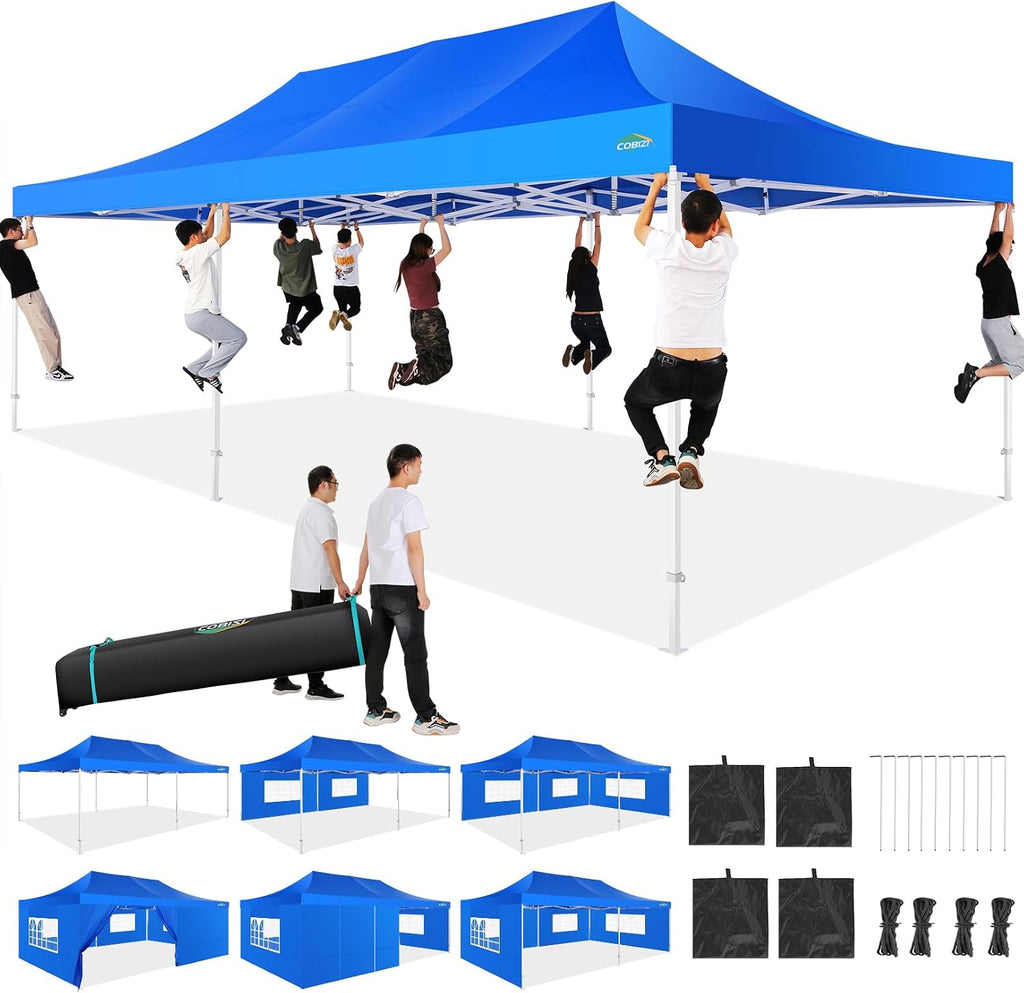 COBIZI 13x26 Heavy Duty Pop Up Canopy with 6 Sidewalls Party Tent Outdoor Wedding Large Event Tent with Roller Bag for Garden Lawn Waterproof UPF 50+ Easy Up, Blue (Framework Upgraded)