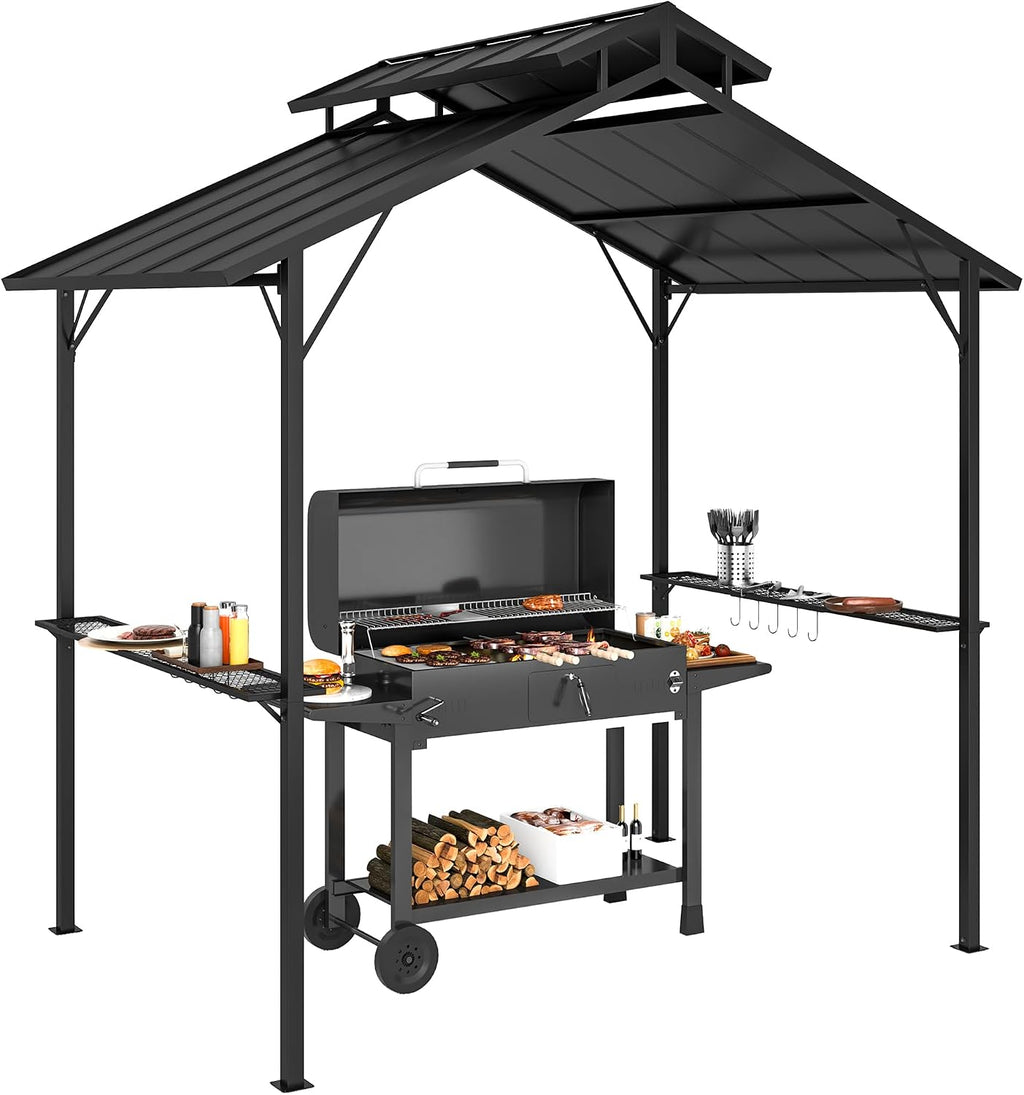 Outsunny 8' x 5' Hardtop Grill Gazebo, Outdoor BBQ Gazebo with Double Metal Roof, 2 Side Shelves and 10 Hooks, Grill Canopy for Patio Backyard Lawn Deck