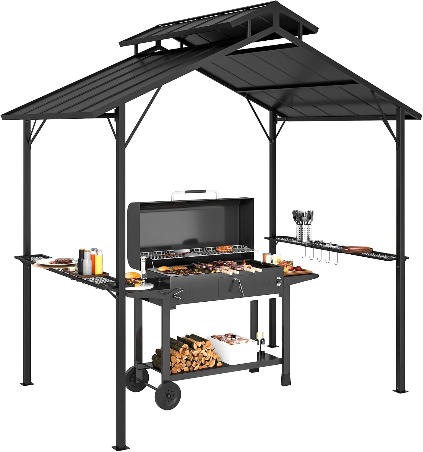 Outsunny 8' x 5' Hardtop Grill Gazebo, Outdoor BBQ Gazebo with Double Metal Roof, 2 Side Shelves and 10 Hooks, Grill Canopy for Patio Backyard Lawn Deck
