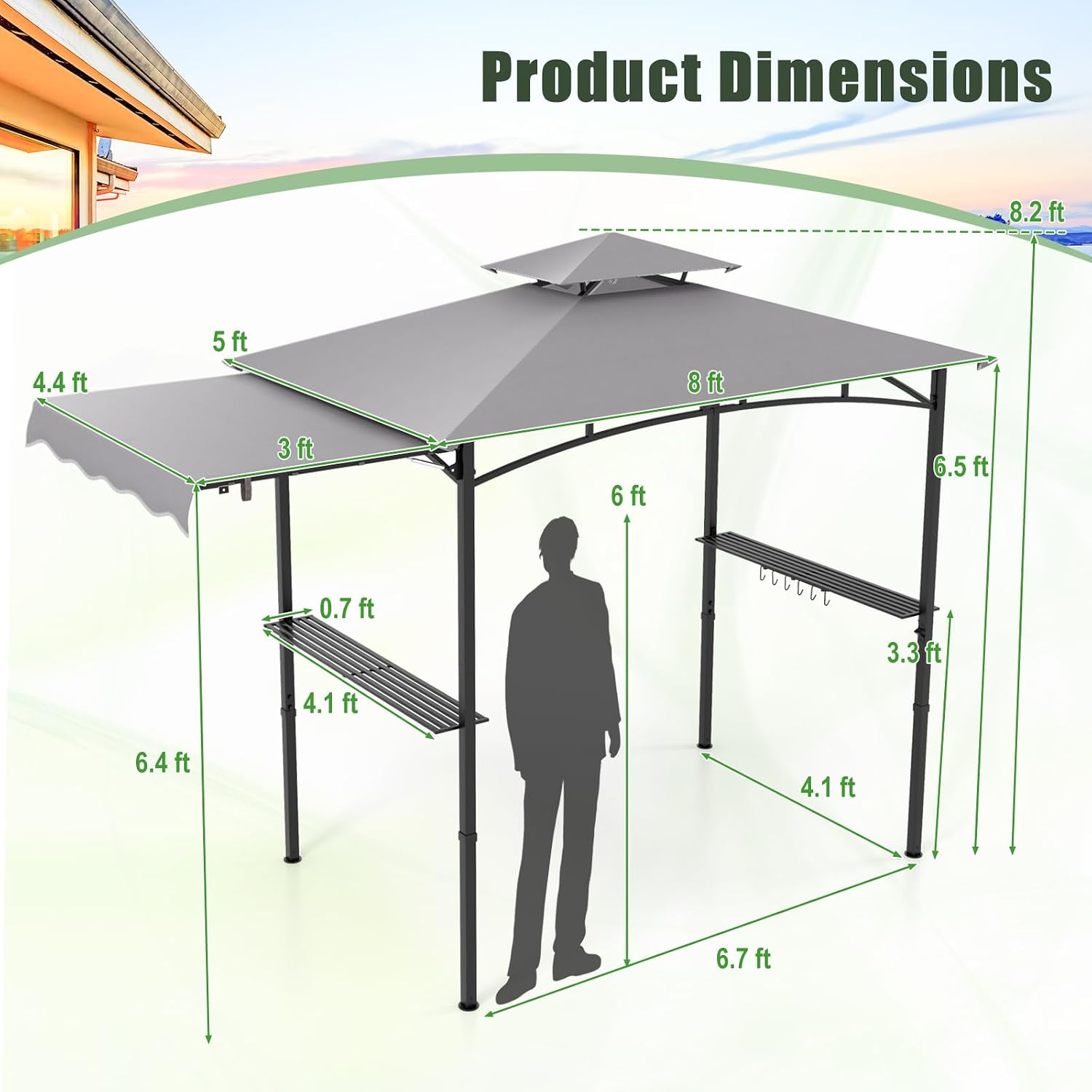 HAPPYGRILL Outdoor Grill Gazebo Canopy 11 x 5 FT, Barbecue Canopy with Double-Tiered Top, 2 Side Shelves, Hanging Hooks, Bottle Opener, Metal Frame, BBQ Grilling Shelter