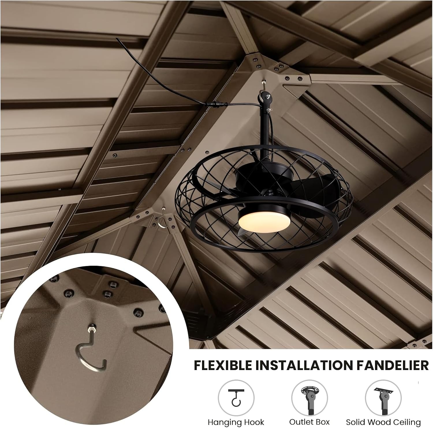 20'' Outdoor Ceiling Fan with Lights Remote Control, Outdoor Ceiling Fans with Hanging Hook, Dimmable Caged Industrial Chandelier with Fan, Fandelier for Gazebo Patio Pergola, Black