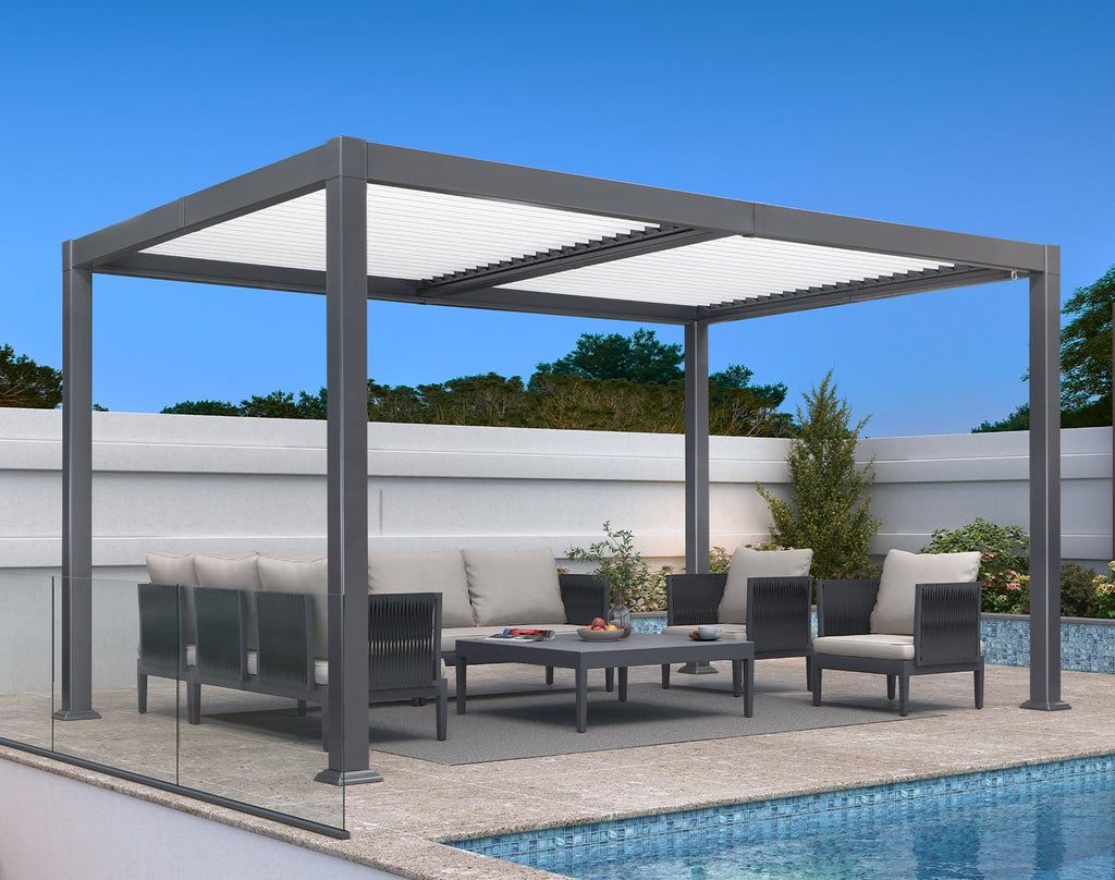 PURPLE LEAF Louvered Pergola 10' x 14' Outdoor Aluminum Pergola with White Adjustable Rainproof Roof Grey Frame Hardtop Gazebo for Patio Deck Garden