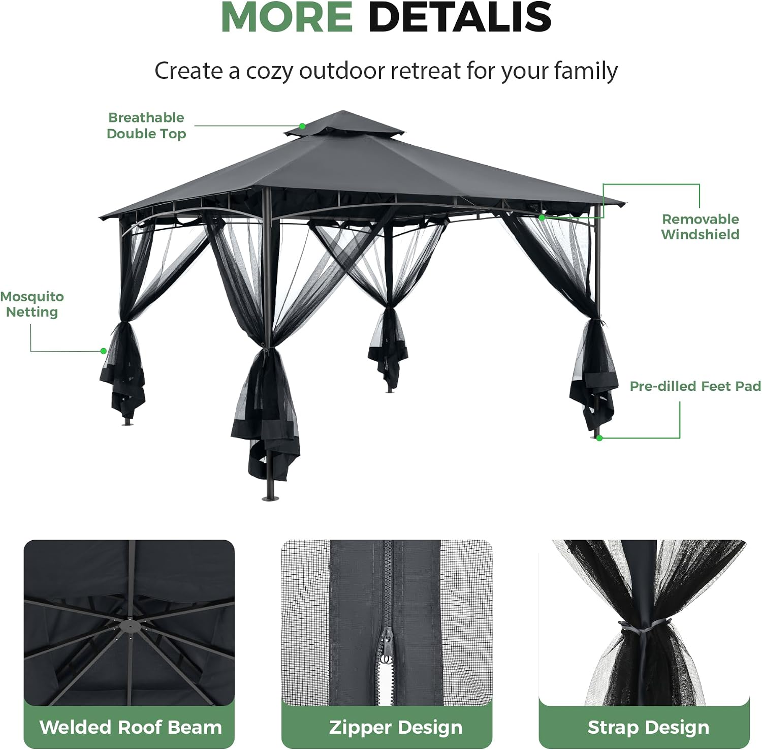 12' X 12' Patio Gazebo with Ventilation Double Roof, Outdoor Gazebo with Removable Mosquito Netting, Easy Up Metal Outdoor Canopy Shelter for Backyard, Garden, Lawn, Grey