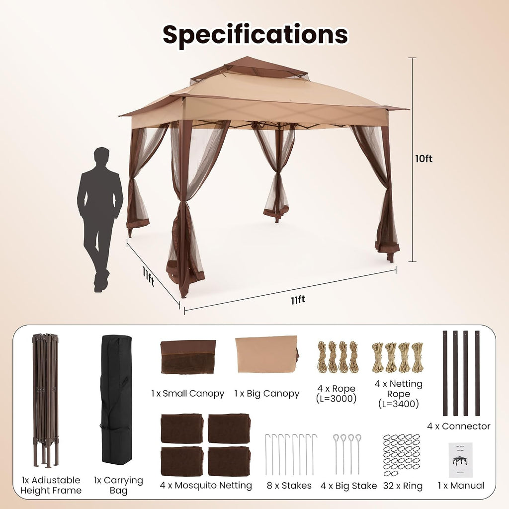 11x11 Pop Up Gazebo with Mosquito Netting Pop Up Canopy with Double Layer Ventilation Portable Bag Canopy Tent with 120 Square Feet of Shade Instant Tent for Garden Party Patio Backyard Beige