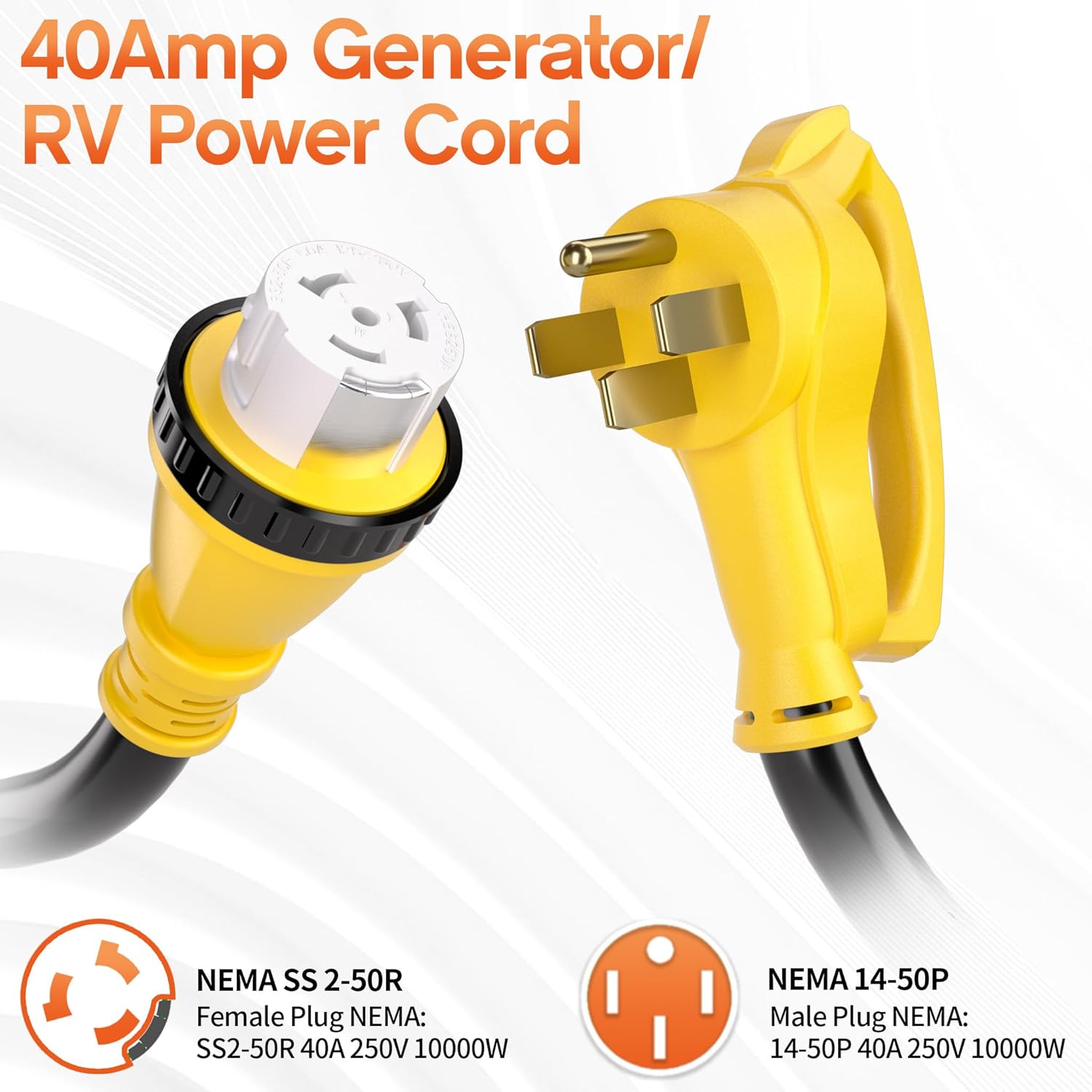 100FT 40 Amp Generator Cord, NEMA 14-50P/SS2-50R Heavy-Duty 4 Conductors Cable, Pure Copper STW RV Extension Cord, Female Plug with Twist Lock, Suitable for RV or Camper, ETL Listed
