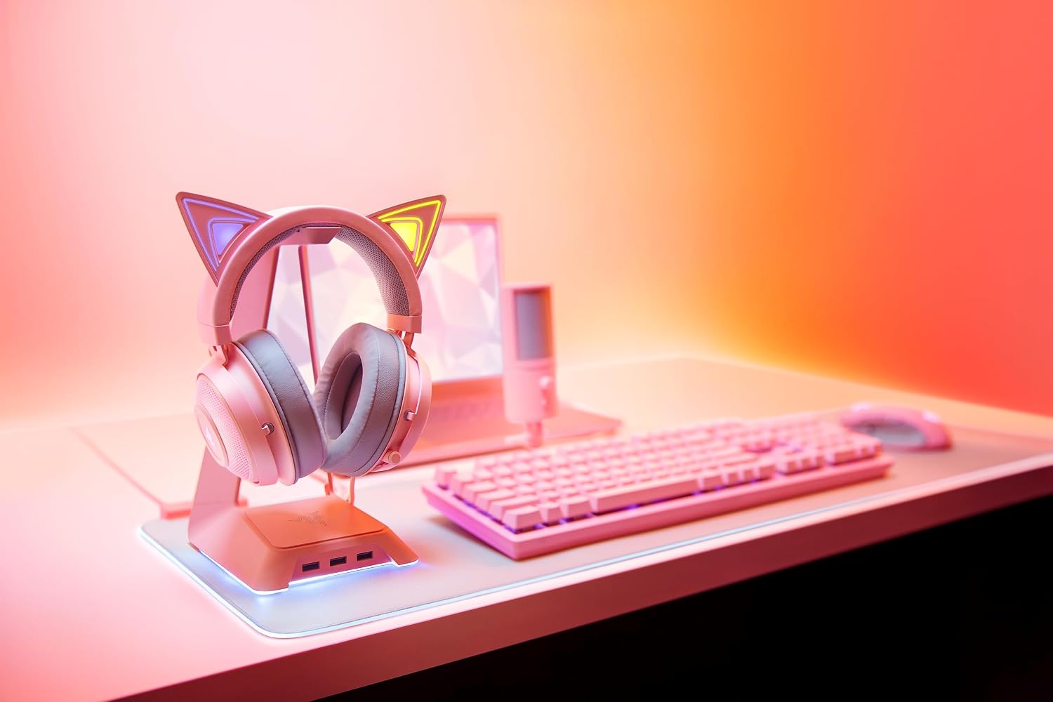 Razer Kraken Kitty RGB USB Gaming Headset: THX 7.1 Spatial Surround Sound - Chroma RGB Lighting - Retractable Active Noise Cancelling Mic - Lightweight Aluminum Frame - for PC - Quartz Pink