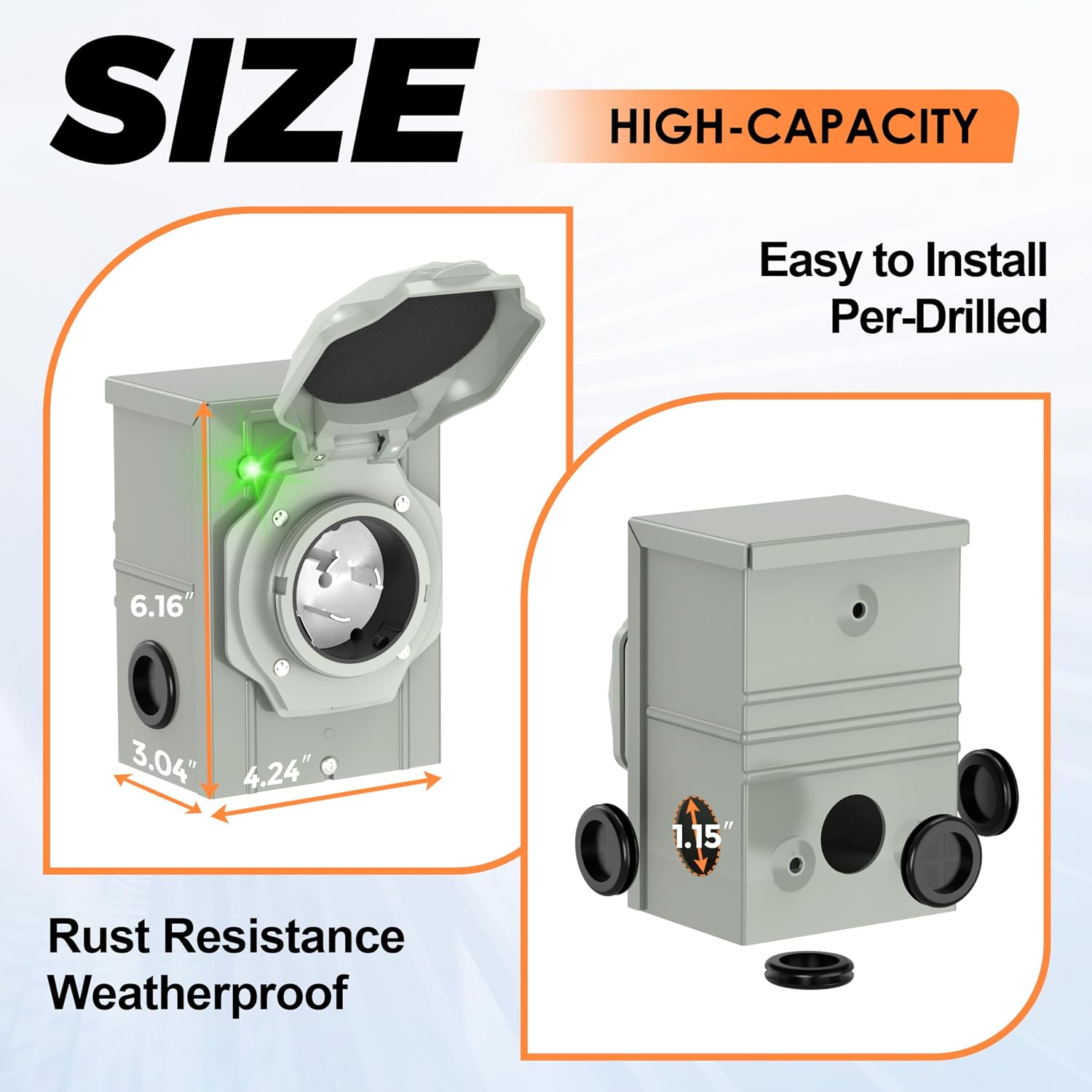 50 Amp 50FT Generator Cord and Power Inlet Box Combo Kit NEMA 14-50P Male to SS2-50R STW 6/3+8/1 AWG 125/250V Newly Designed 90 Degree Grip Handle for Generator to House