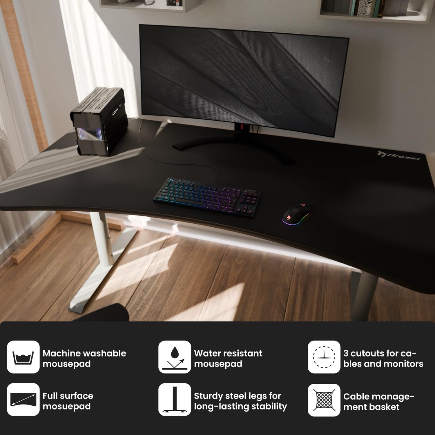 Arozzi Arena Ultrawide Curved Gaming and Office Desk with Full Surface Water Resistant Desk Mat with 3 Custom Monitor Mount Cut Outs and Under The Desk Cable Management Netting - Frozen Grey
