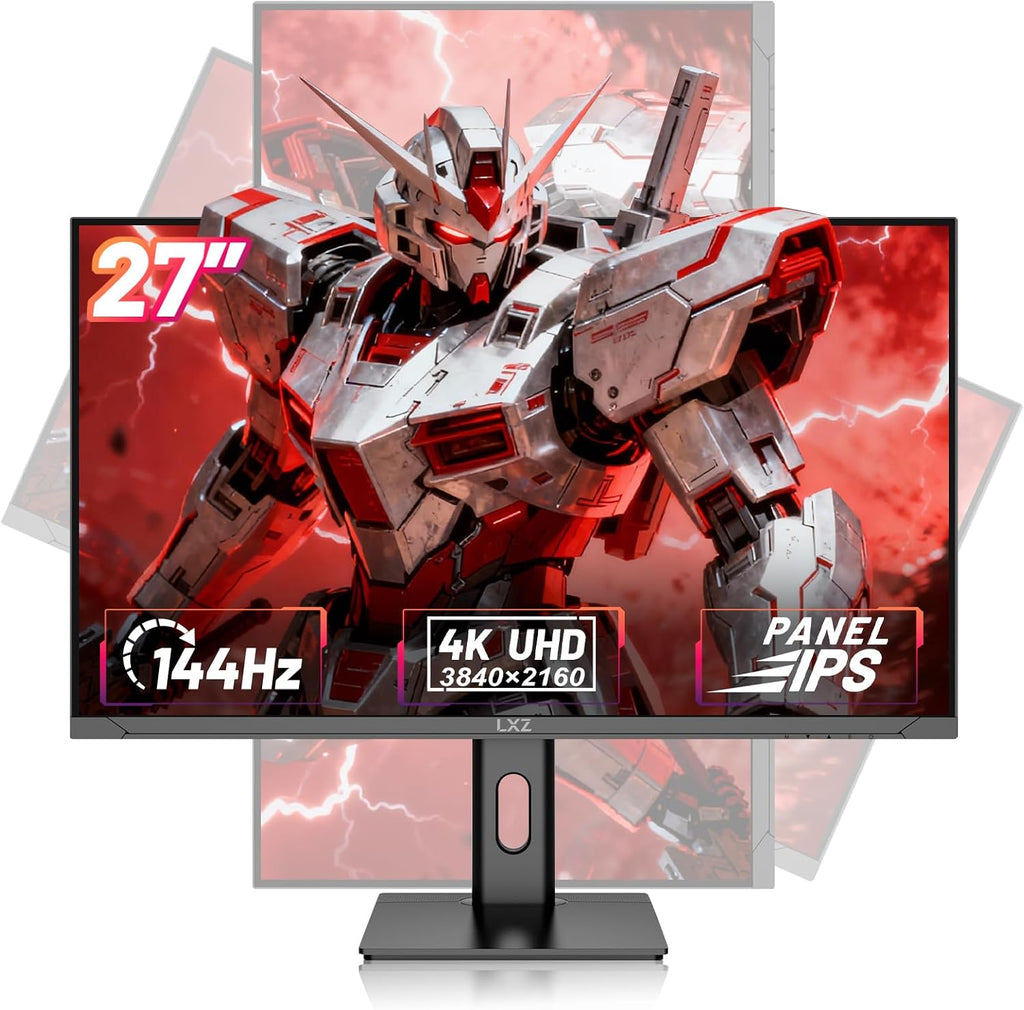 LXZ 27 inch Monitor 4K UHD 144Hz Gaming Monitor – IPS Panel with 1ms MPRT, Supports HDR, 84% NTSC, HDMI 2.1, Height/Tilt/Pivot/Swivel Stand, VESA Compatible, Eye Care – Black