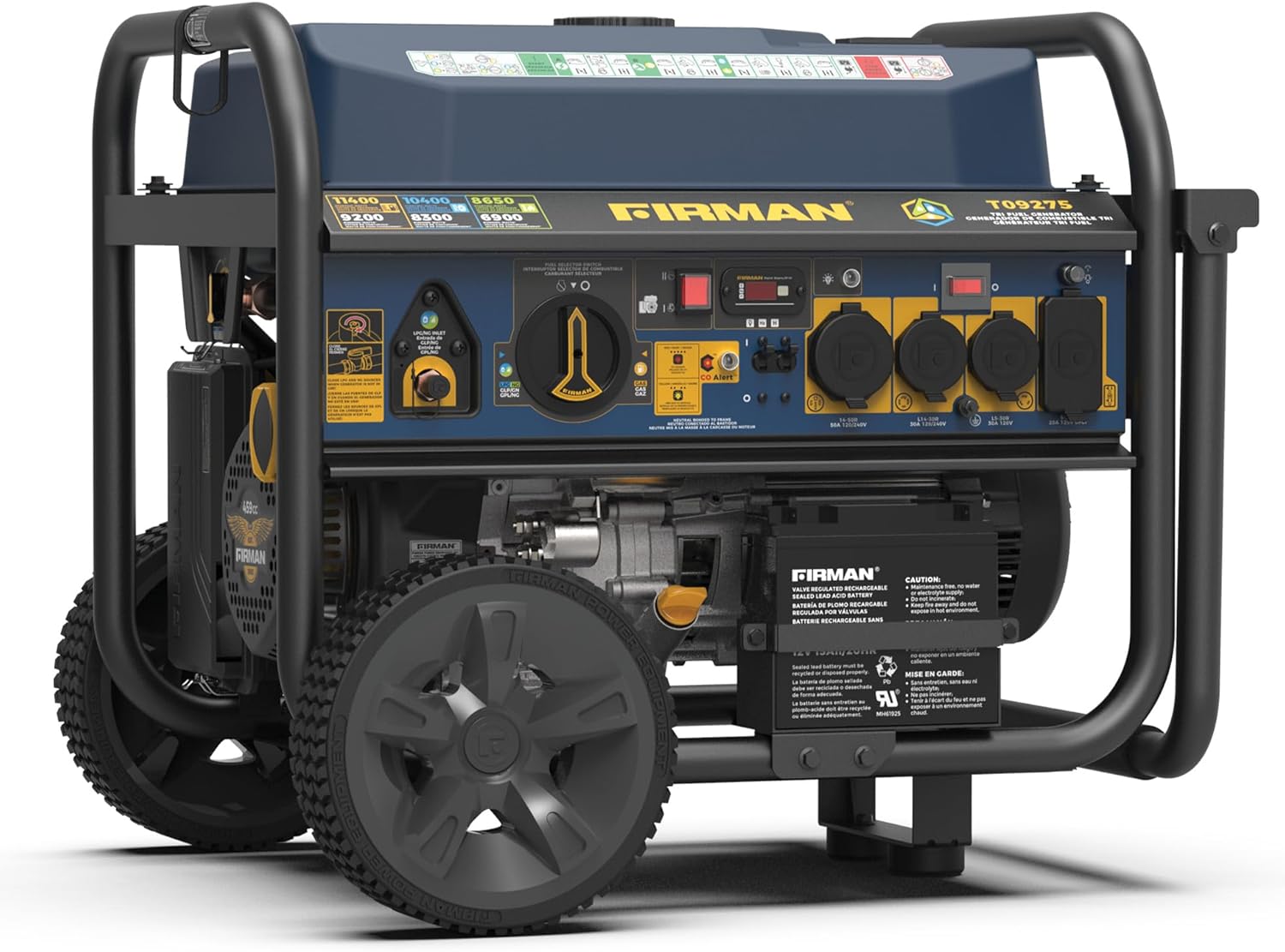 FIRMAN T09275 Tri Fuel Portable Generator, 11400W Electric Start Power Station, 120V 240V Output, Gas, Propane, Natural Gas, CO Alert, Home Backup Power, Emergency and Job Site Generator