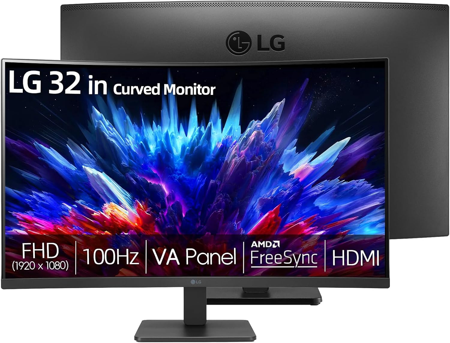 LG 32' FHD Curved Monitor, 1920 x 1080 VA Display, 100Hz Refresh Rate, AMD FreeSync, Dynamic Action Sync, Black Stabilizer, Reader Mode, HDMI and D-Sub Ports, 3-Side Virtually Borderless Design